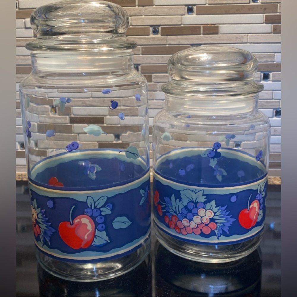 Vintage Hallmark Glass Canister Fruit Motif 1989 Rubber Lid- set of 2